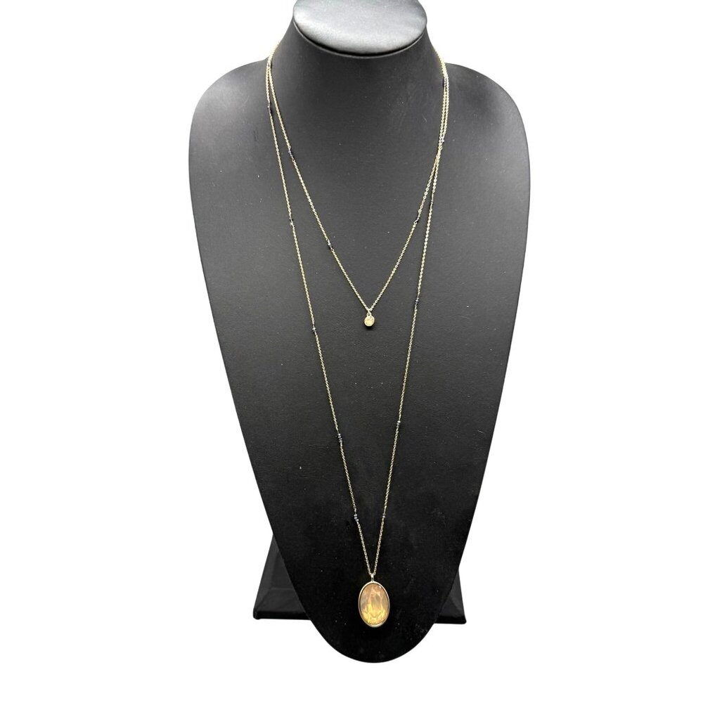 Loft Orange Crystal Pendant Double Strand Chain Necklace Layered Gold Tone